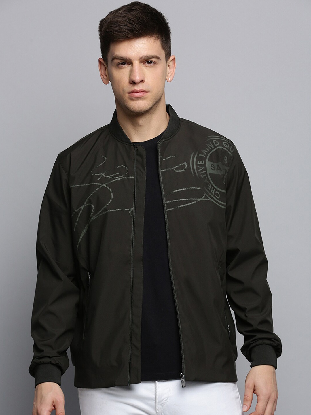 

SHOWOFF Typography Printed Henley Collar Water Resistant Bomber Jacket, Olive