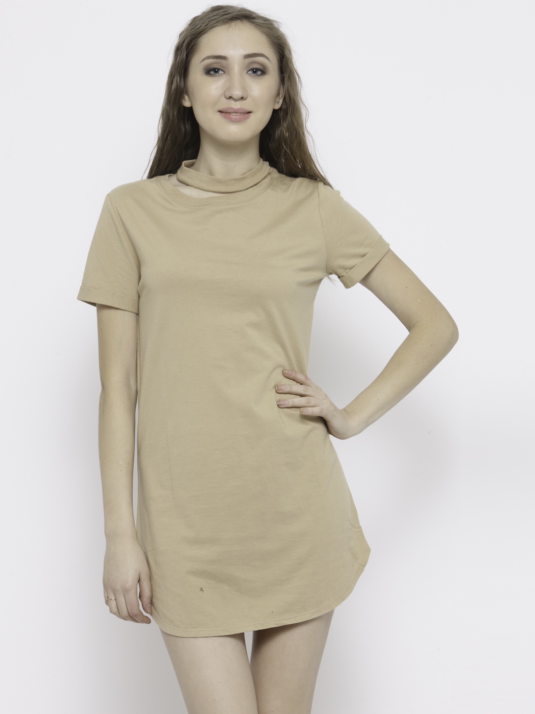 

FOREVER 21 Women Beige Solid T-shirt Dress