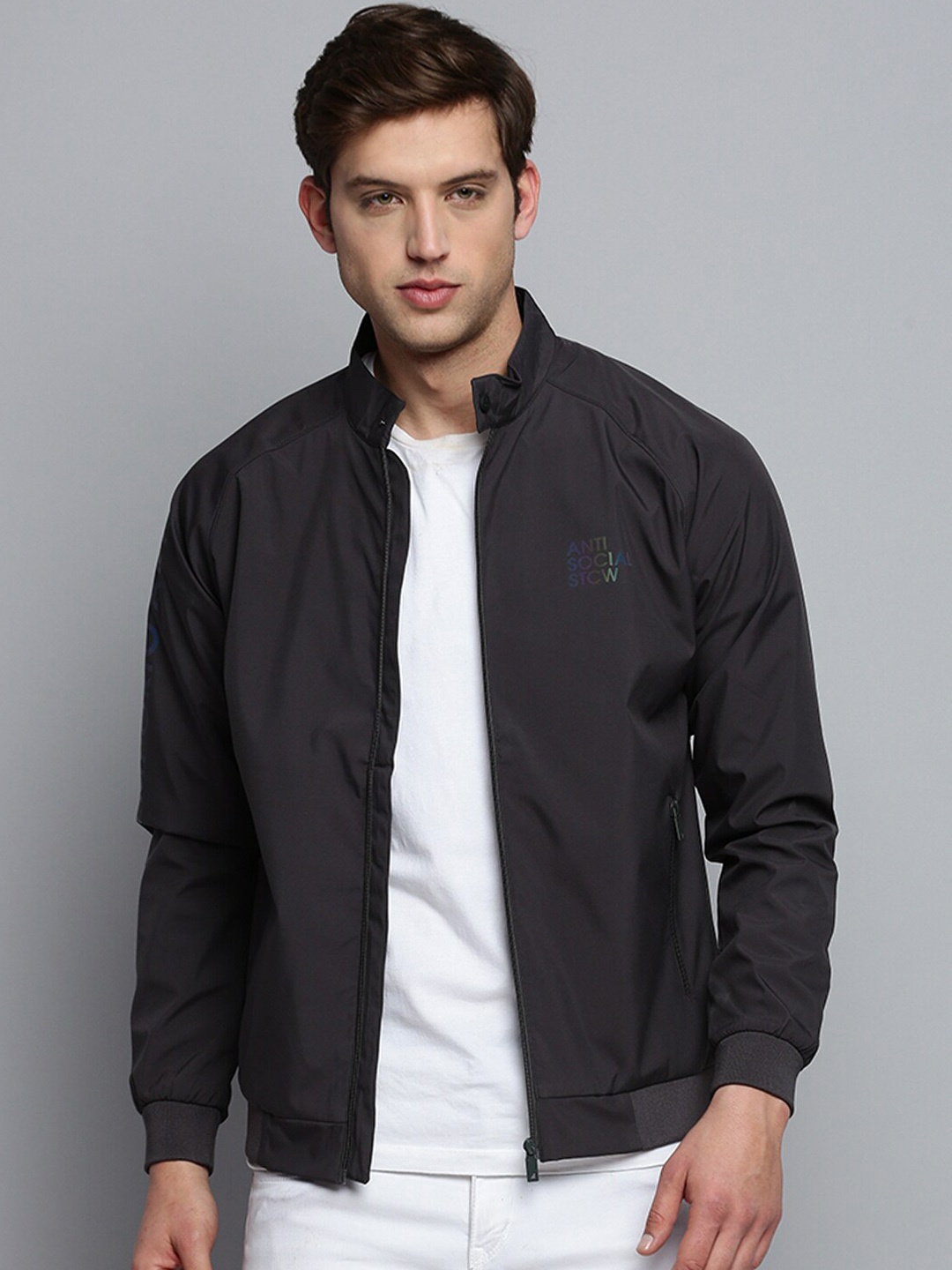 

SHOWOFF Mock Collar Water Resistant Bomber Jacket, Grey