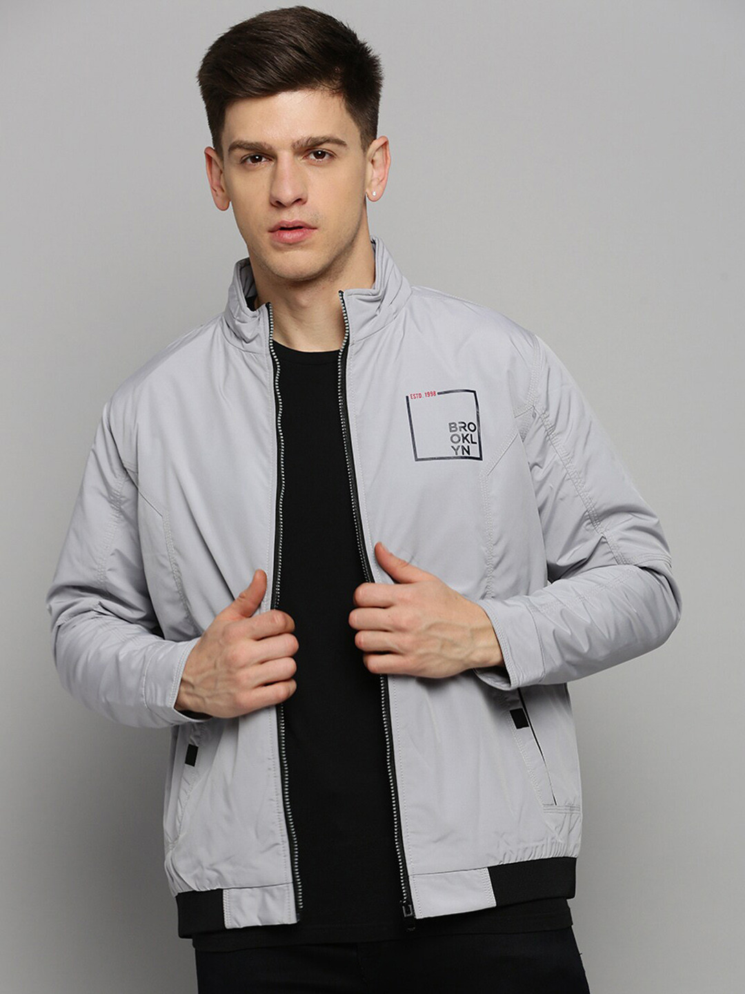 

SHOWOFF Mock Collar Water Resistant Bomber Jacket, Grey