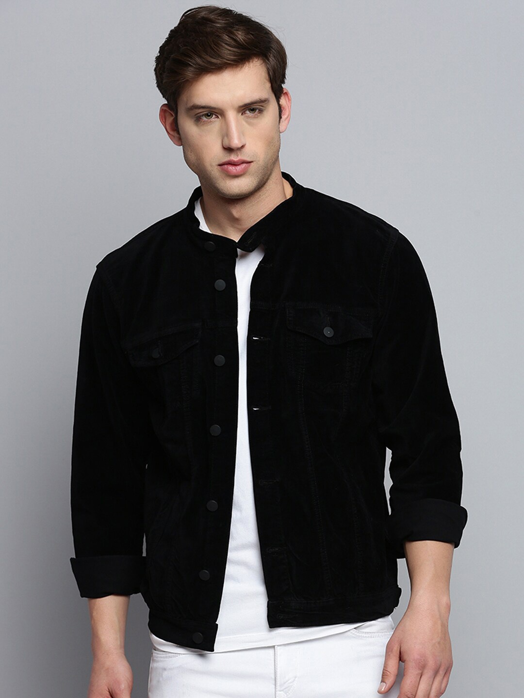 

SHOWOFF Mandarin Collar Open Front Jacket, Black