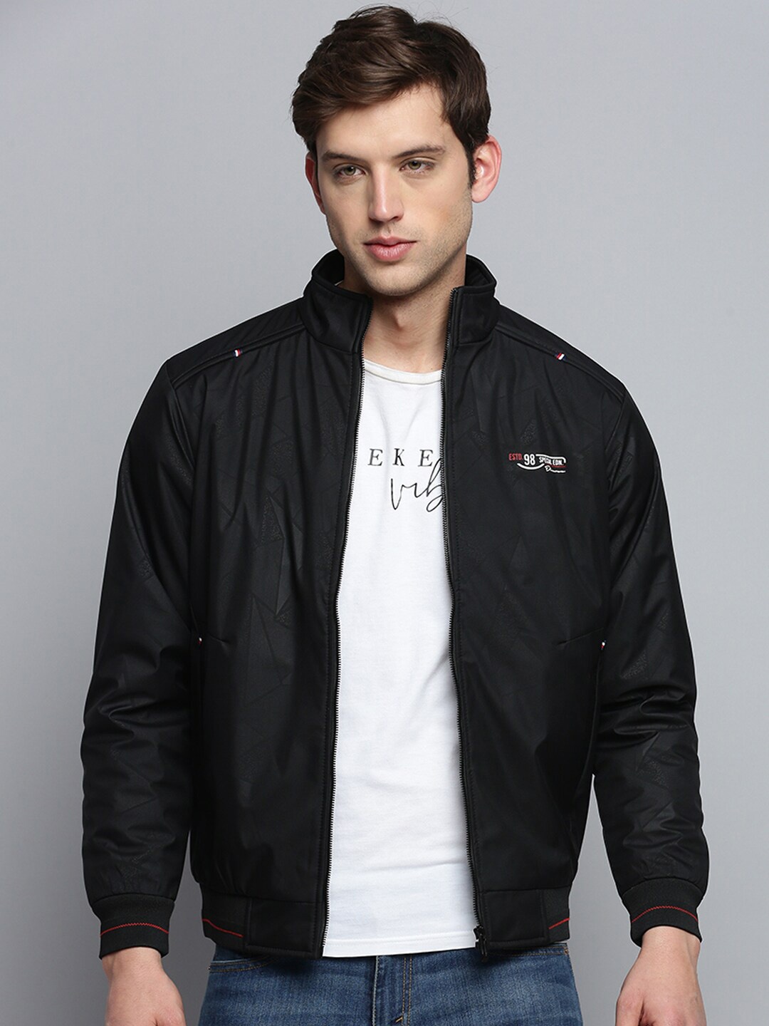 

SHOWOFF Mock Collar Geometric Printed Water Resistant Bomber Jacket, Black