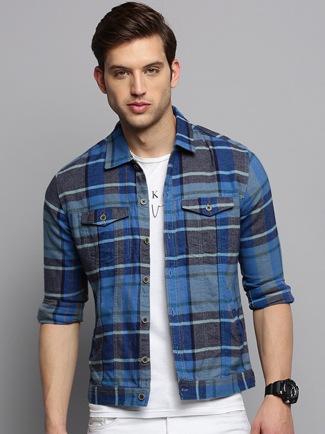 

SHOWOFF Men Checked Spread Collar Denim Open Front Jacket, Blue