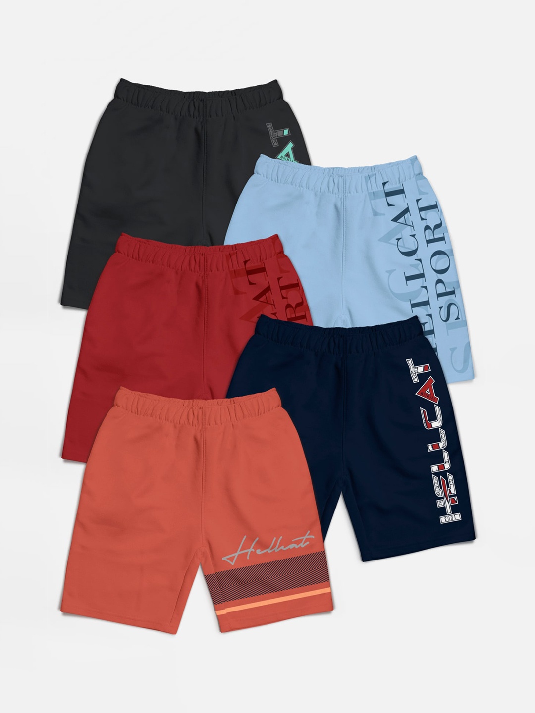 

HELLCAT Pack of 5 Boys Trendy Printed Mid Rise Cotton Shorts, Orange