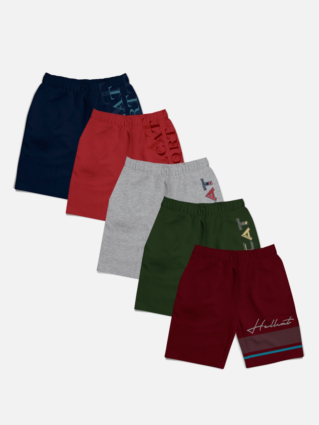 

HELLCAT Boys Pack of 5 Mid-Rise Typography Printed Cotton Shorts, Navy blue