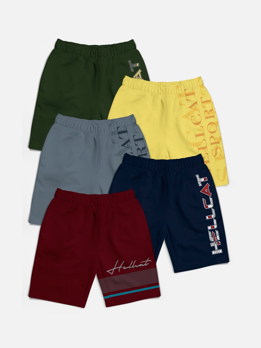 

HELLCAT Pack of 5 Boys Trendy Printed Mid Rise Cotton Shorts, Green