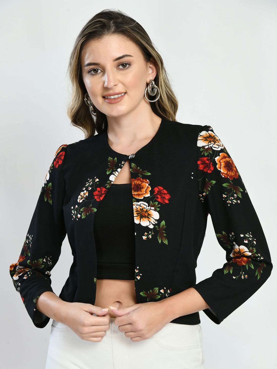 

IUGA Women Floral Printed Front Open Shrug, Black