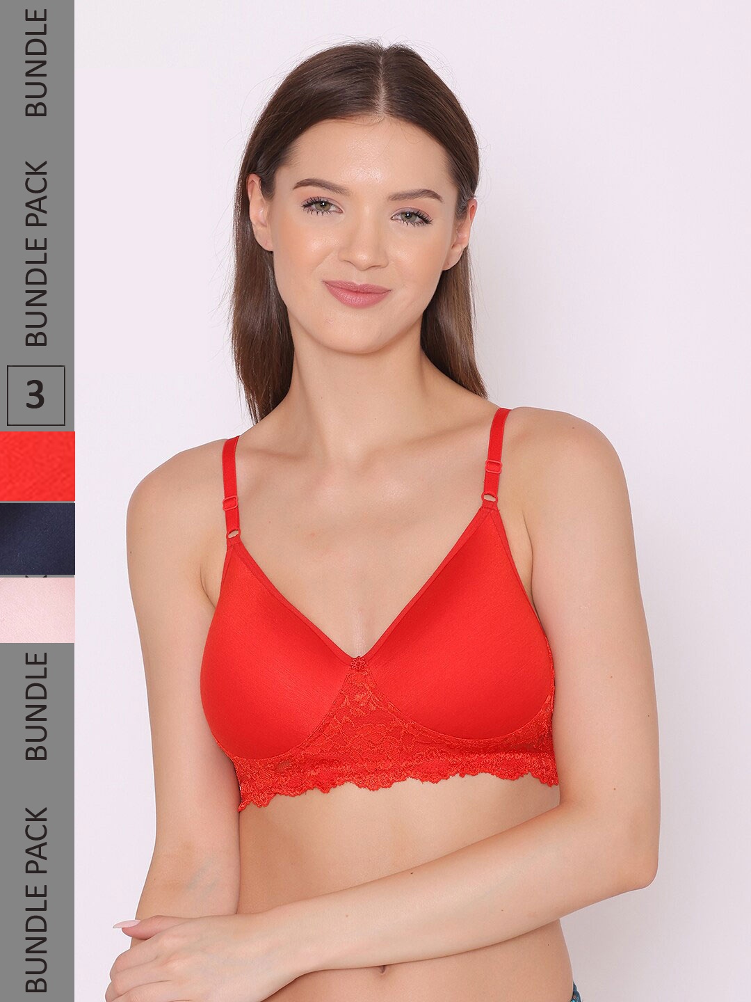 

ABELINO Pack Of 3 Lightly Padded Cotton Seamless Non-Wired Bra, Red