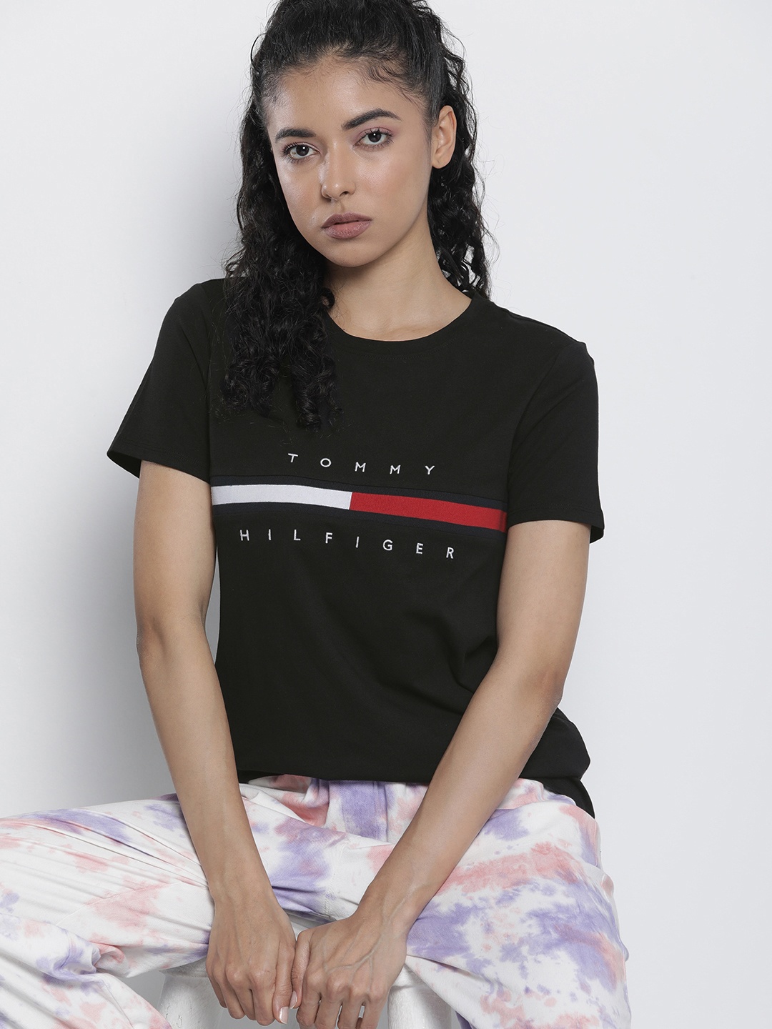 Tommy Hilfiger Brand Logo Embroidered Pure Cotton T-shirt, Black