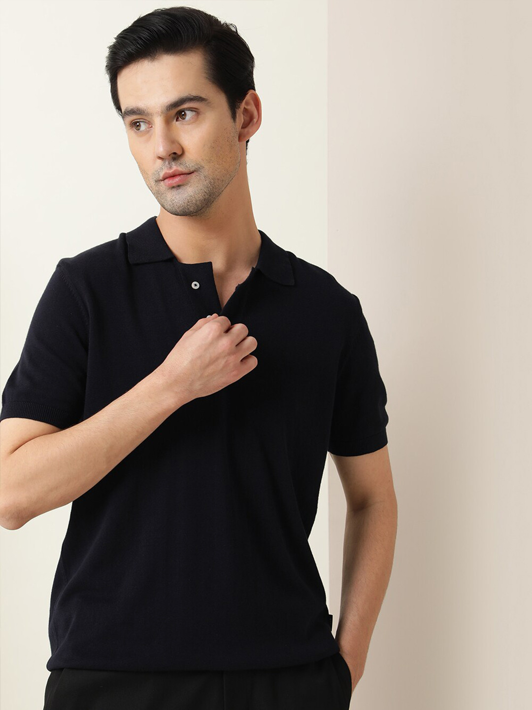 

RARE RABBIT Men Noah Polo Collar Slim Fit Cotton T-Shirt, Navy blue