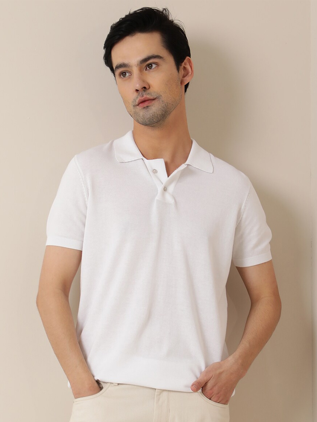 

RARE RABBIT Men Noah Polo Collar Slim Fit Cotton T-Shirt, White