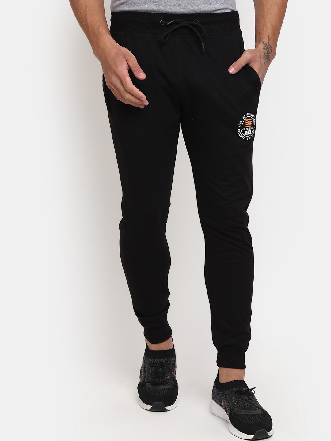 

V-Mart Men Graphic Printed Cotton Terry Joggers, Black