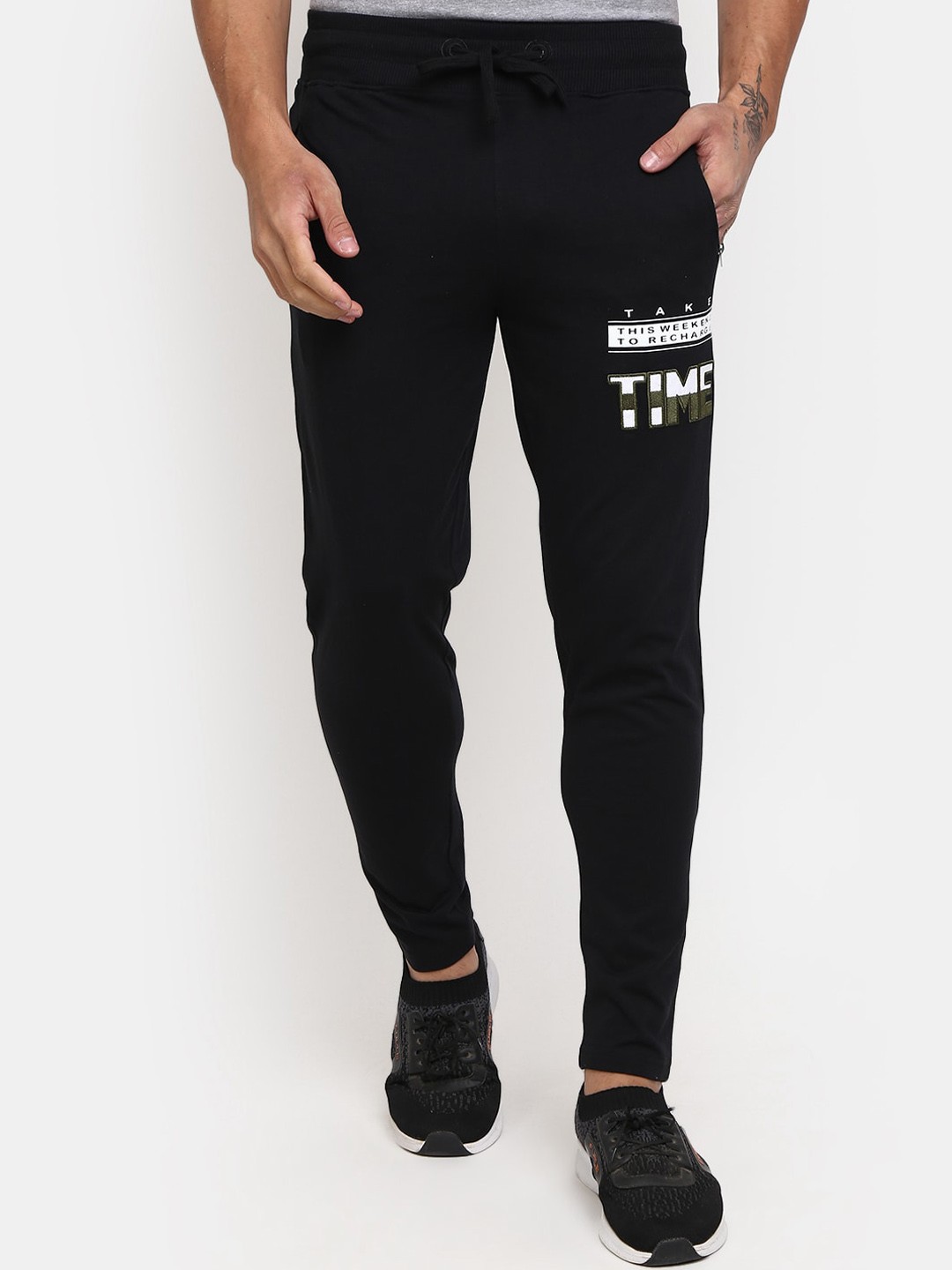 

V-Mart Men Mid-Rise Typography Printed Embroidered Straight Track Pants, Black