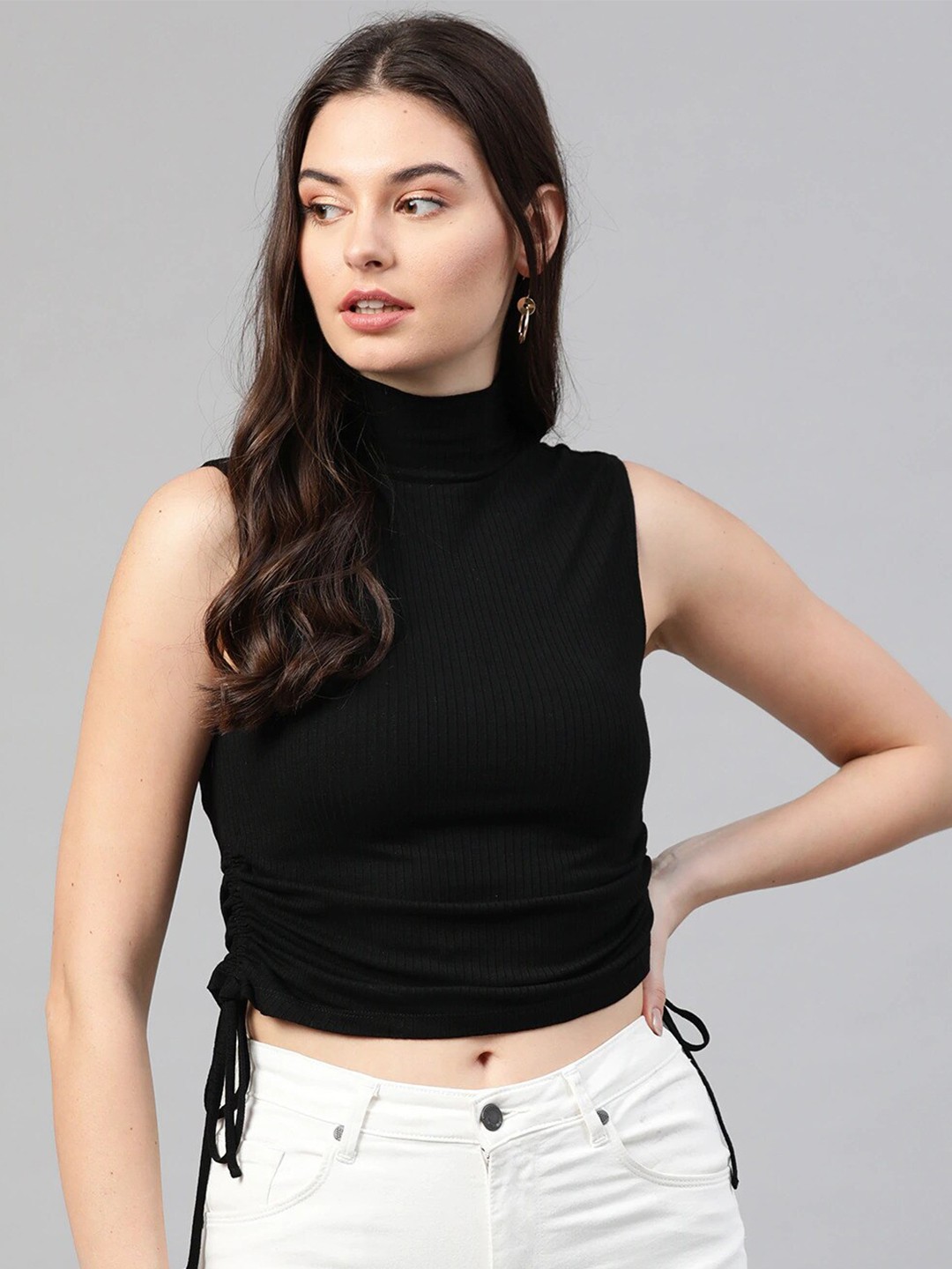 

VividArtsy High Neck Tie Up Fitted Crop Top, Black