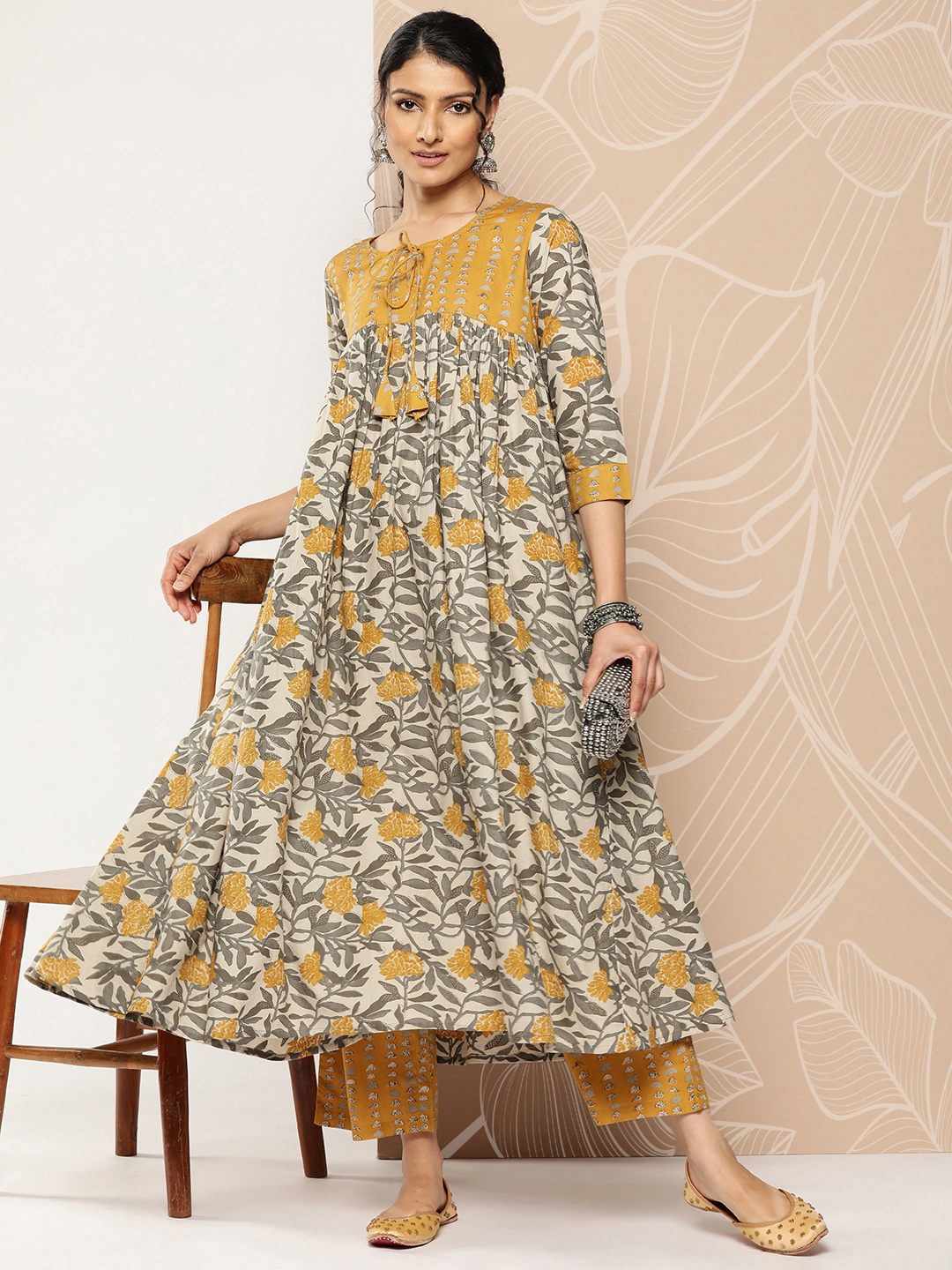 

mokshi Women Ethnic Motifs Printed Pure Cotton Kurta with Palazzos, Mustard