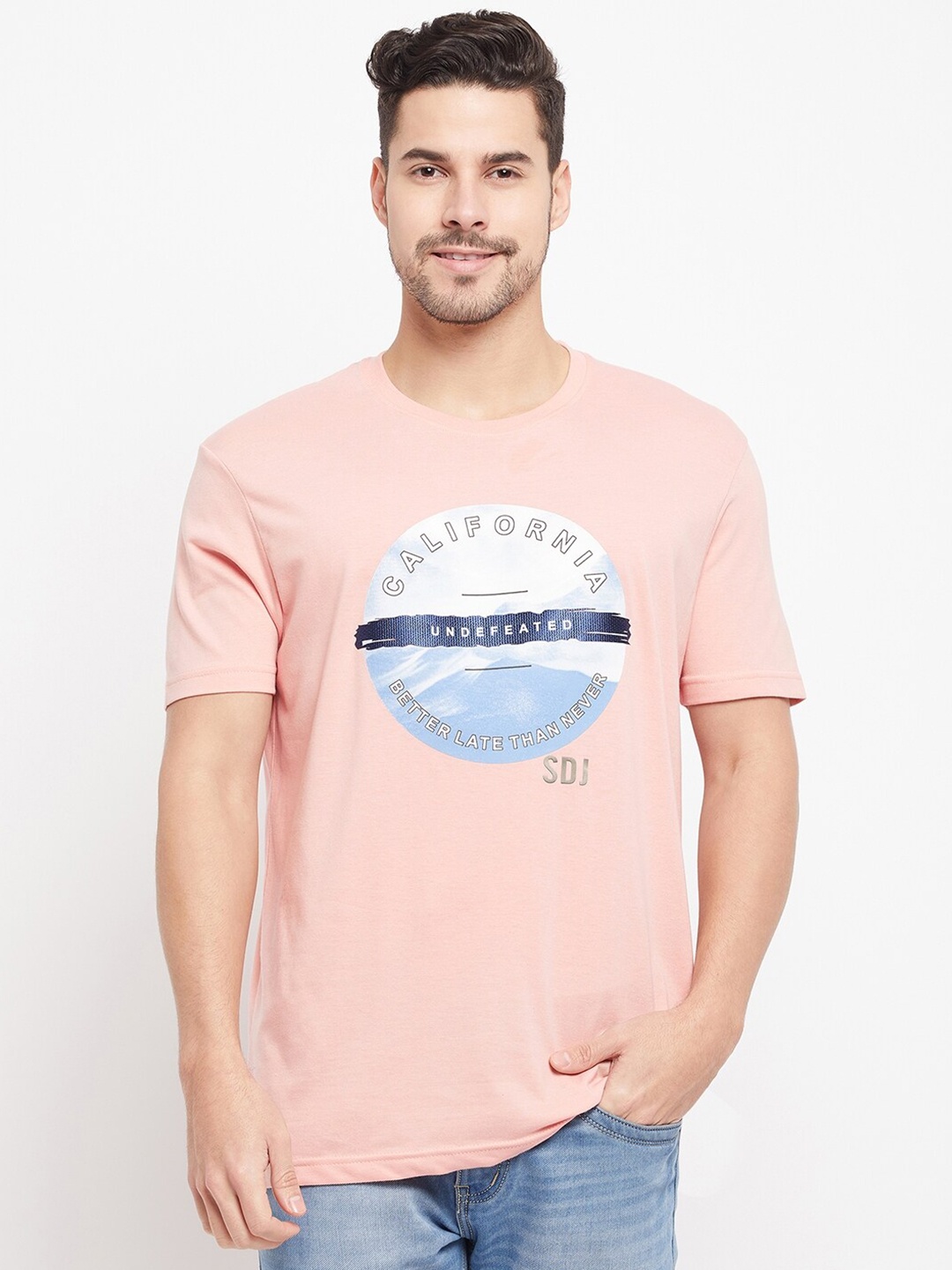Duke Typography Printed Cotton Slim Fit T-shirt, Peach