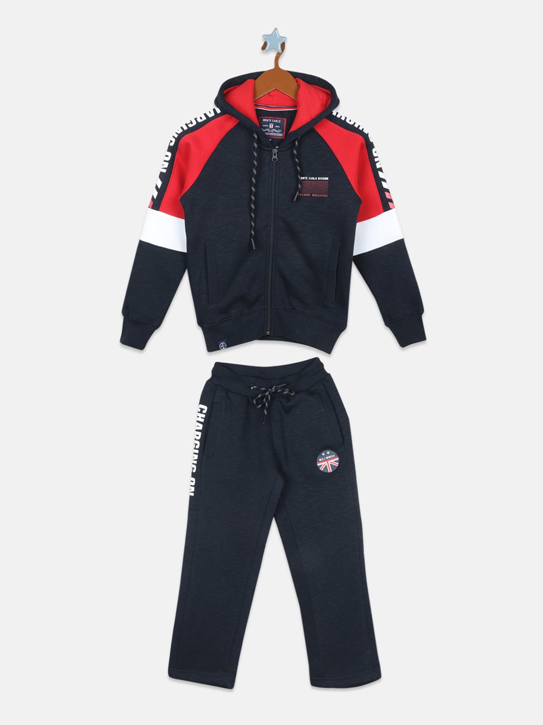

Monte Carlo Boys Colorblocked & Printed Hooded Tracksuit, Navy blue