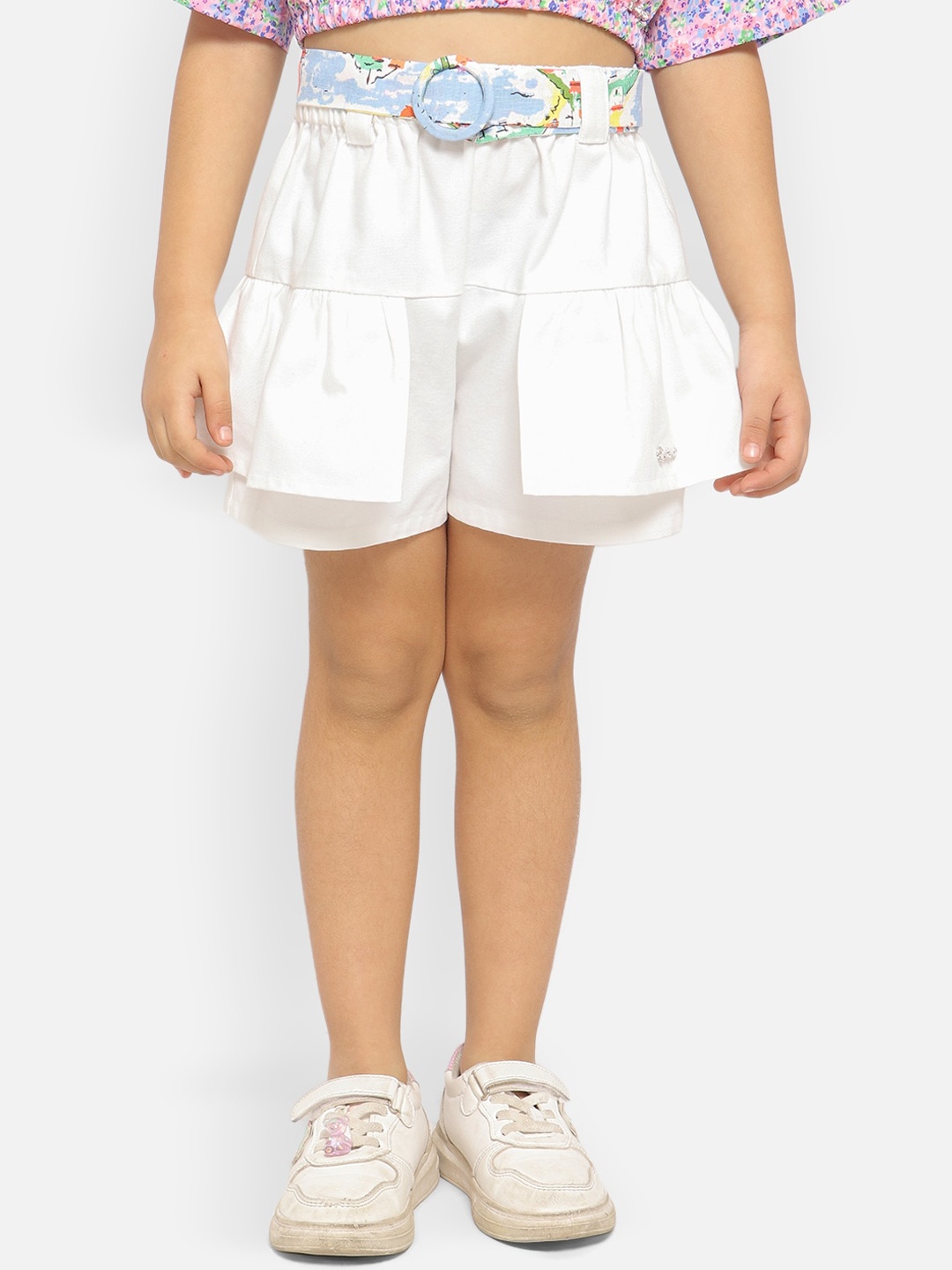 

Nauti Nati Girls Layered Pure Cotton Casual Shorts With Waist Belt, White