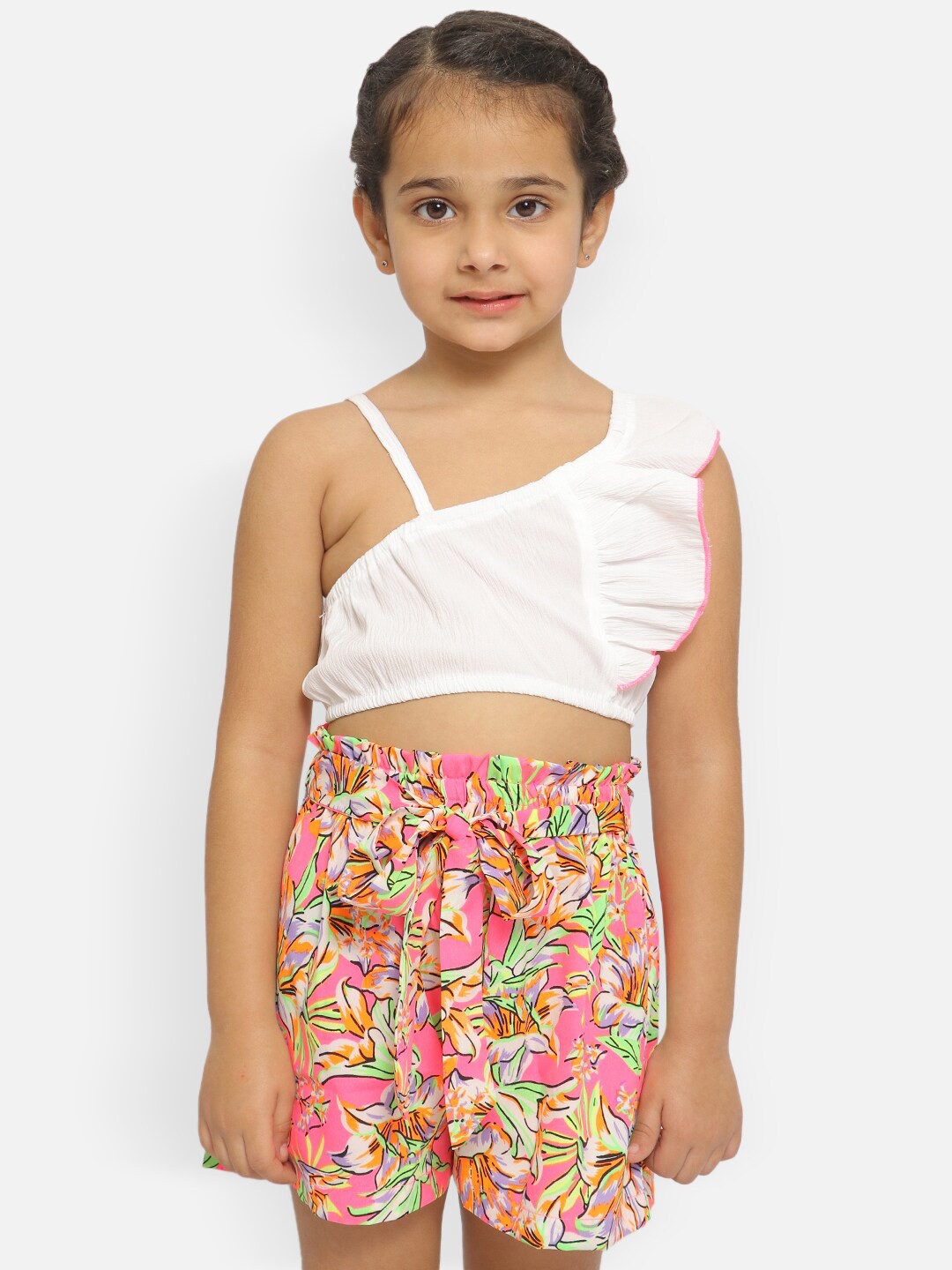 

Nauti Nati Girls Ruffled One-Shoulder Top With Shorts, White