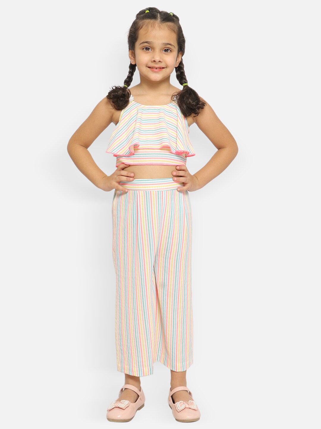 

Nauti Nati Girls Striped Layered Top With Trousers, White