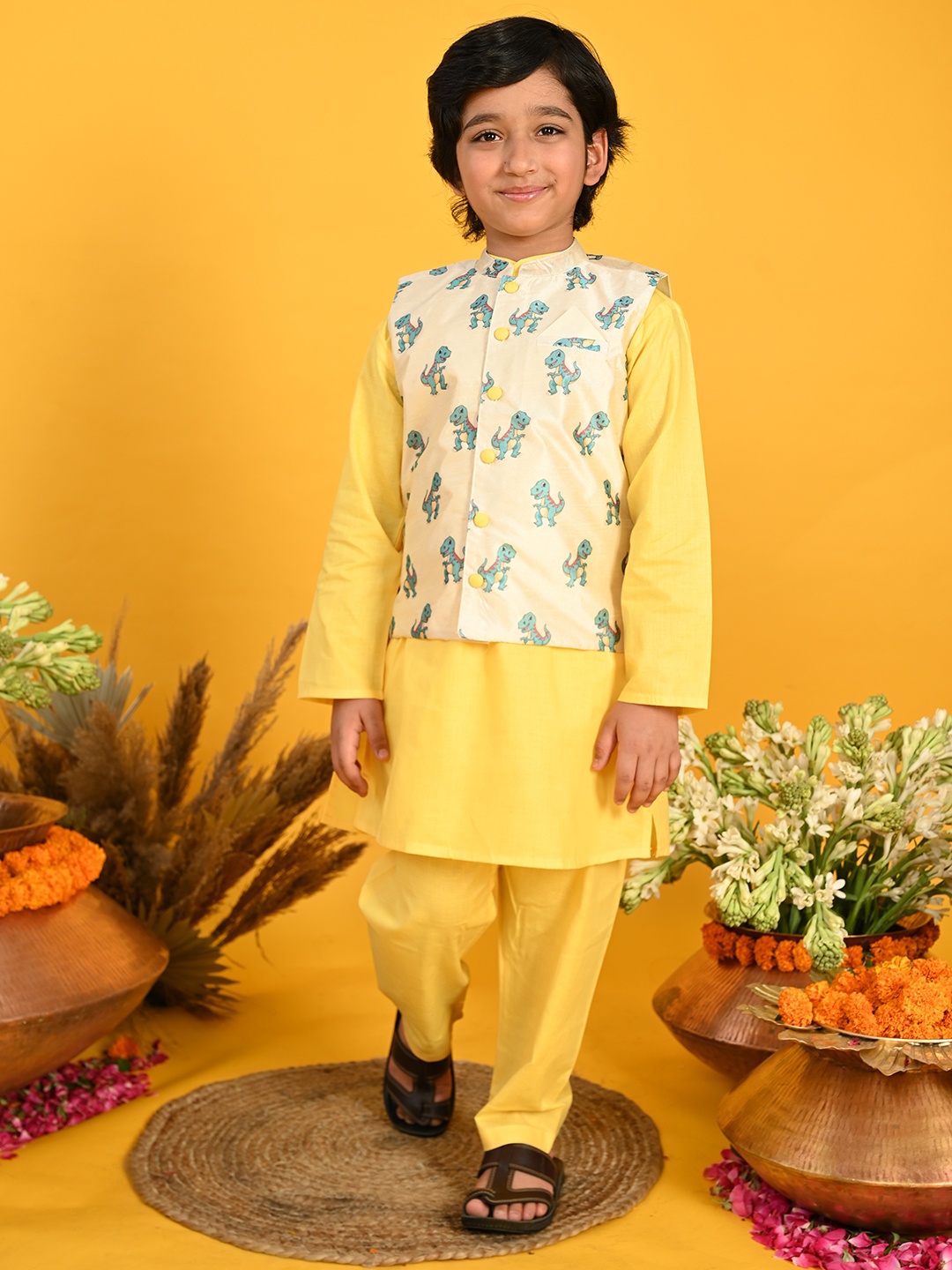 

SAKA DESIGNS Boys Pure Cotton Kurta with Pyjamas With Printed Jacket, White