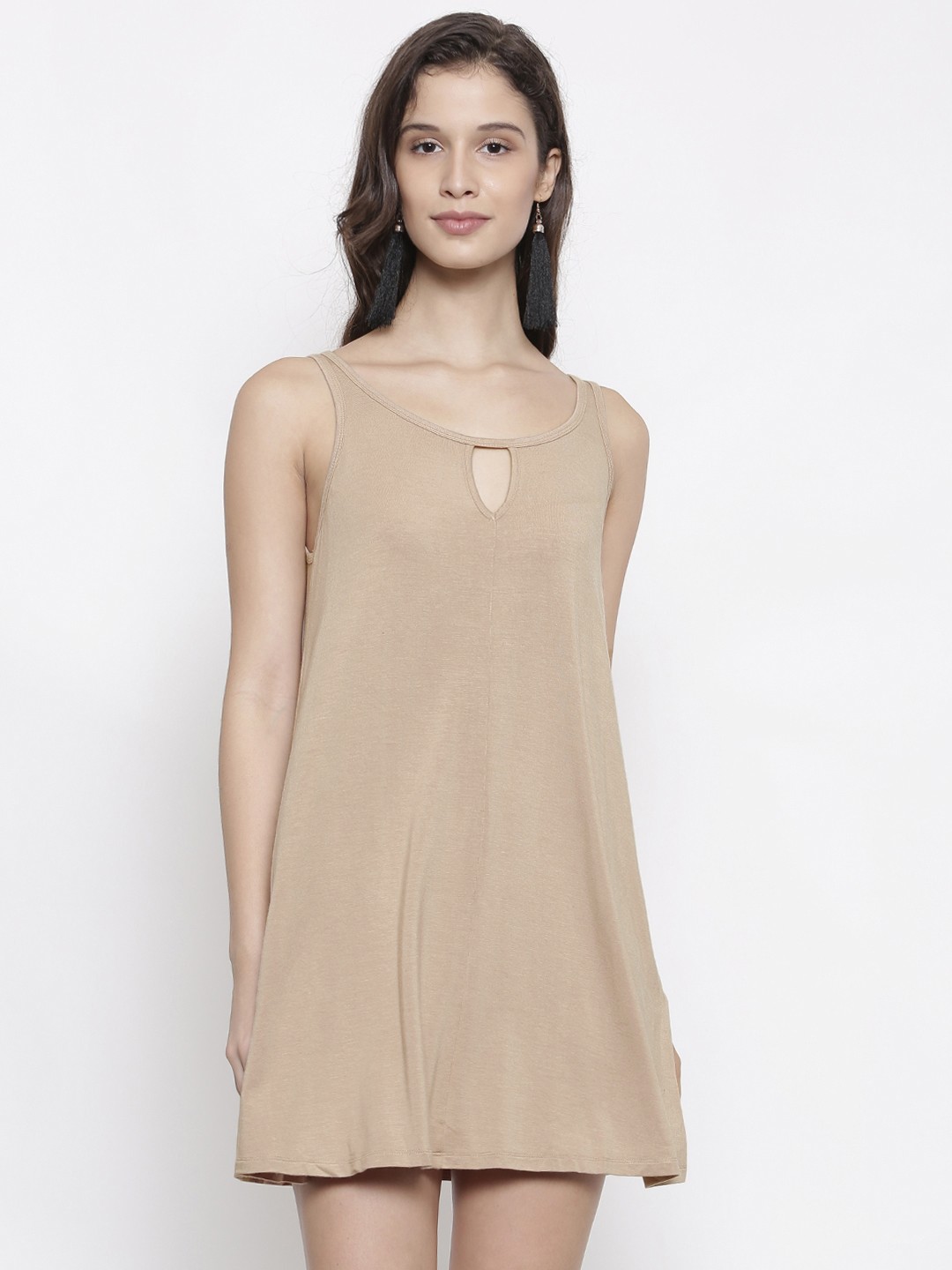 

FOREVER 21 Women Beige Solid A-Line Dress