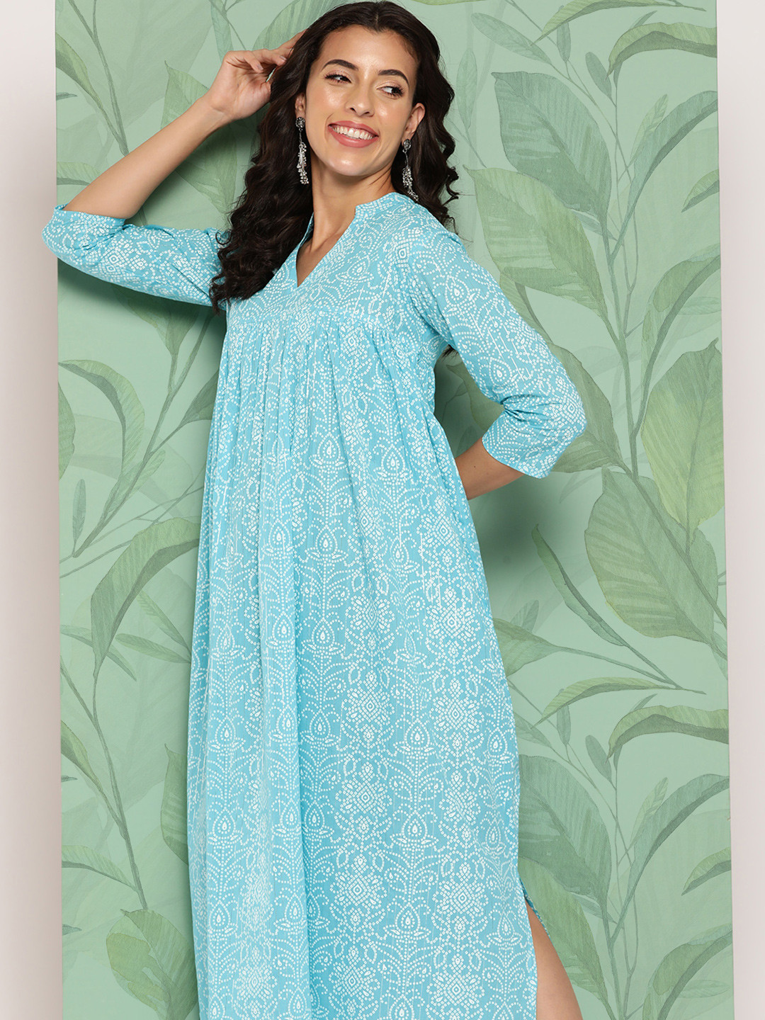

mokshi Bandhani Printed Pure Cotton Midi Ethnic Dress, Blue