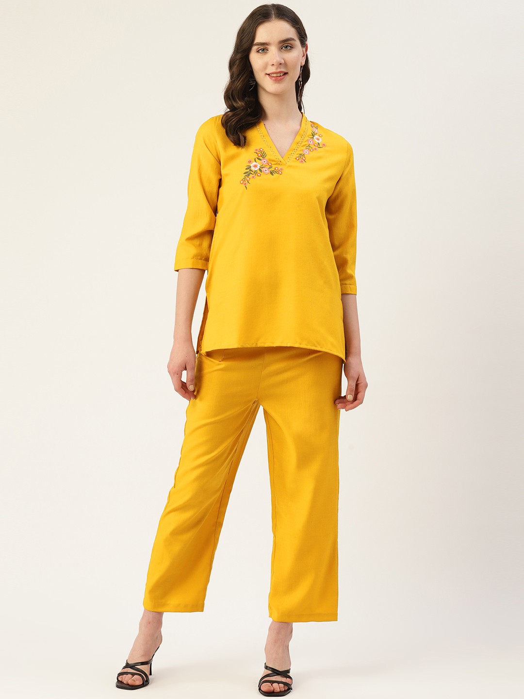 

Off Label Women Embroidered Top With Trousers Set, Mustard