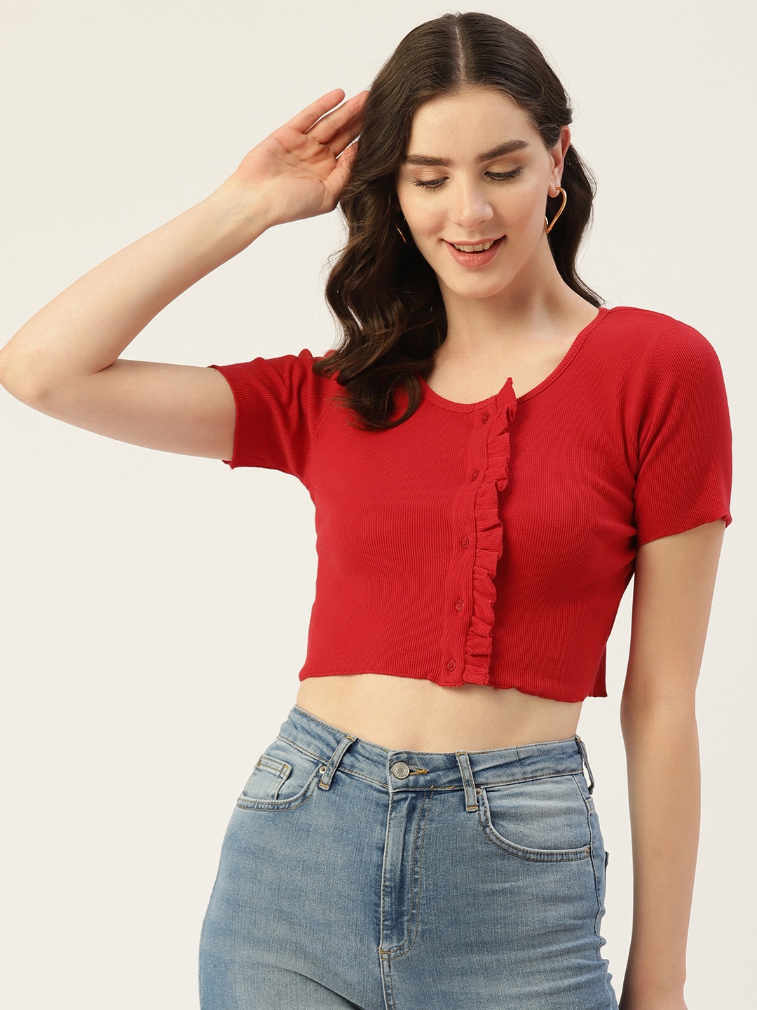 

Off Label Ribbed Ruffled Crop Top, Red