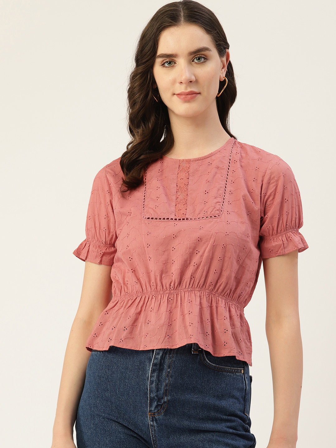 

Off Label Floral Schiffli Bell Sleeves Peplum Top, Rose