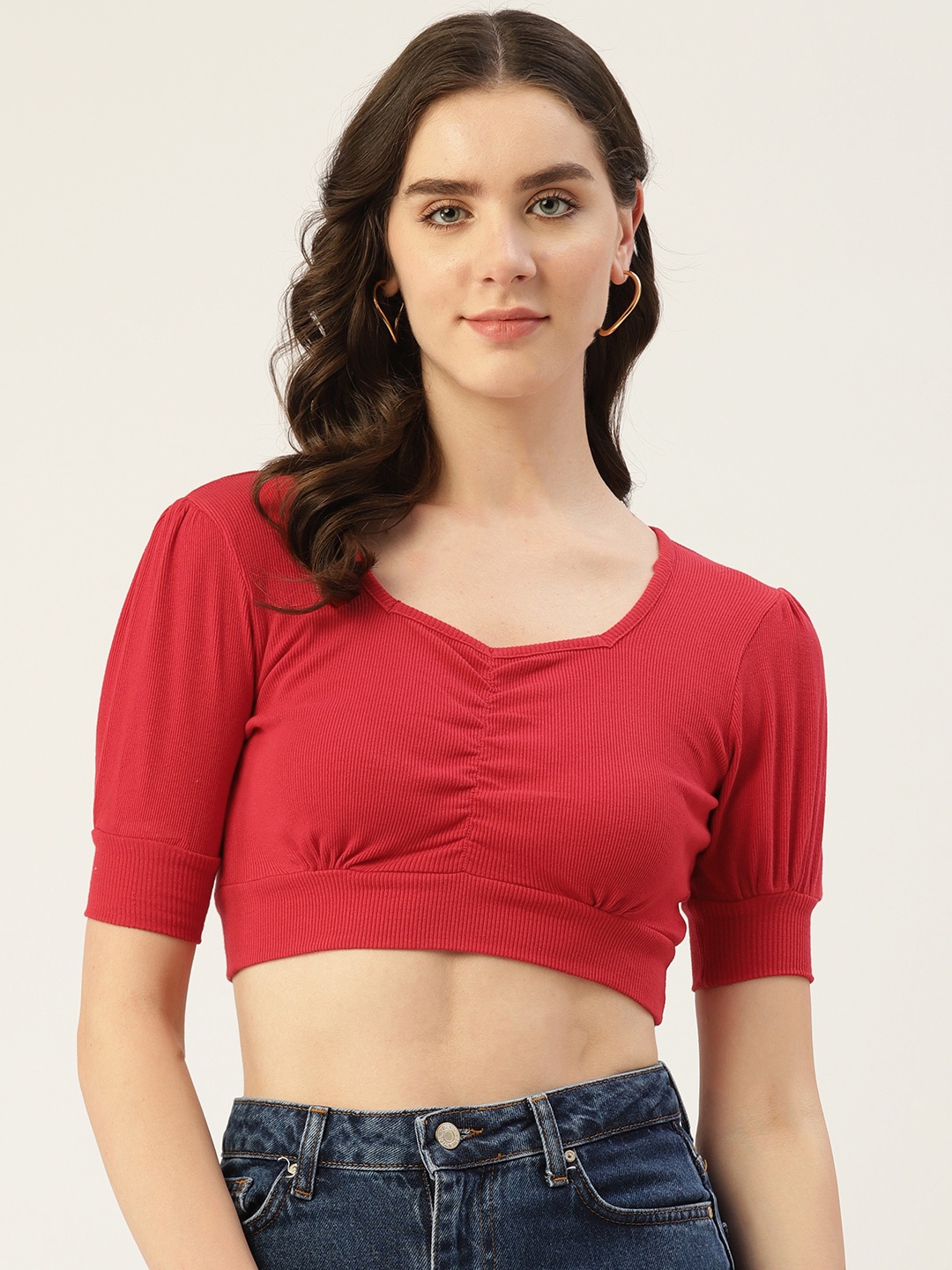 

Off Label Sweetheart Neck Puff Sleeves Blouson Crop Top, Red