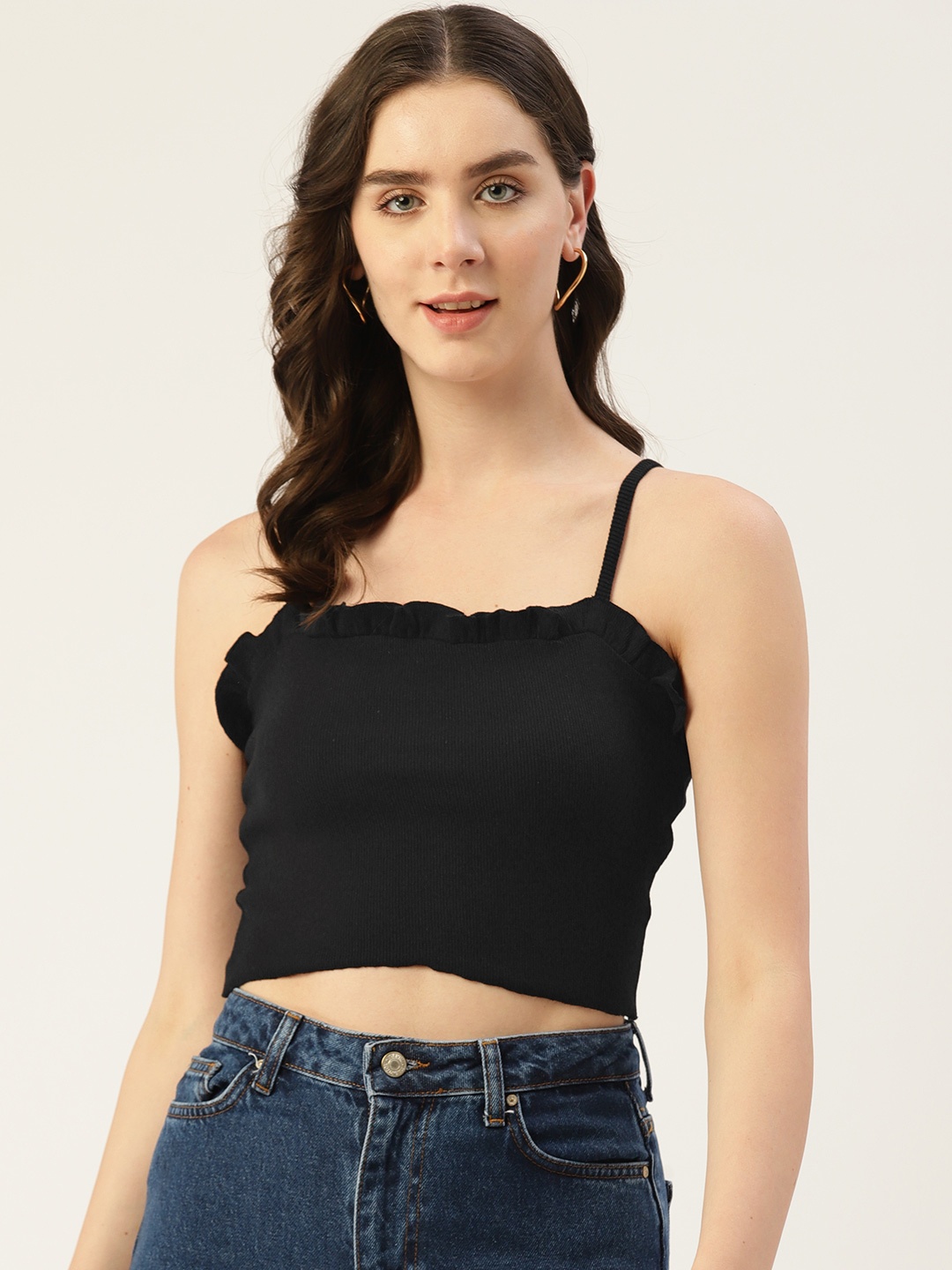 

Off Label Ribbed Ruffled Crop Top, Black