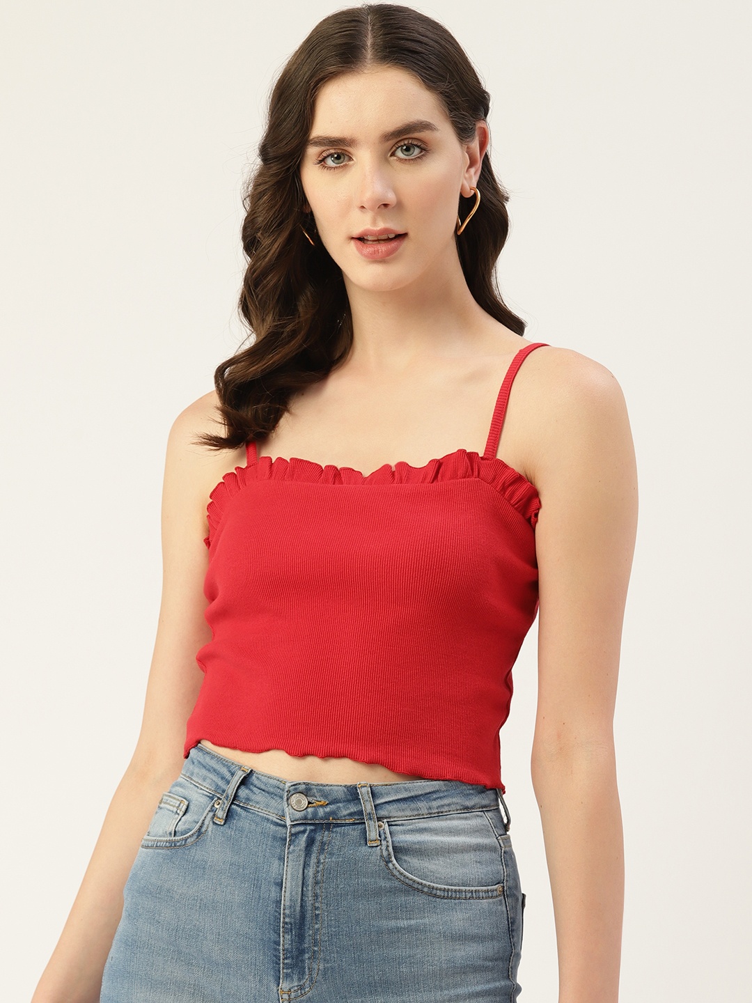 

Off Label Ribbed Ruffled Crop Top, Red