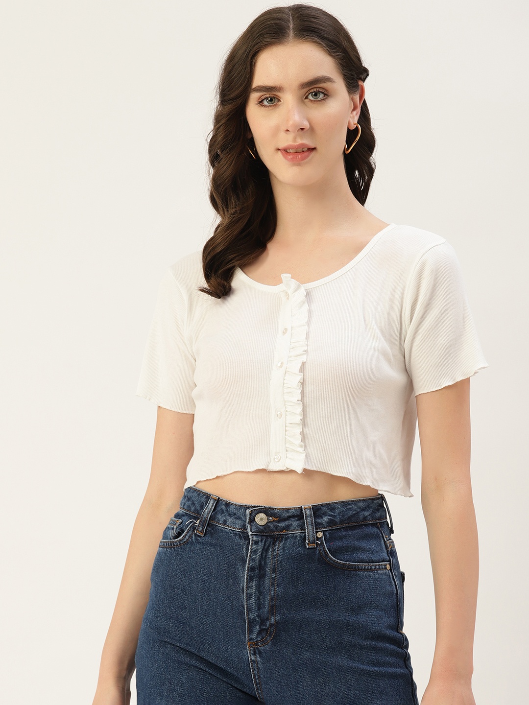 

Off Label Ribbed Ruffled Crop Top, White