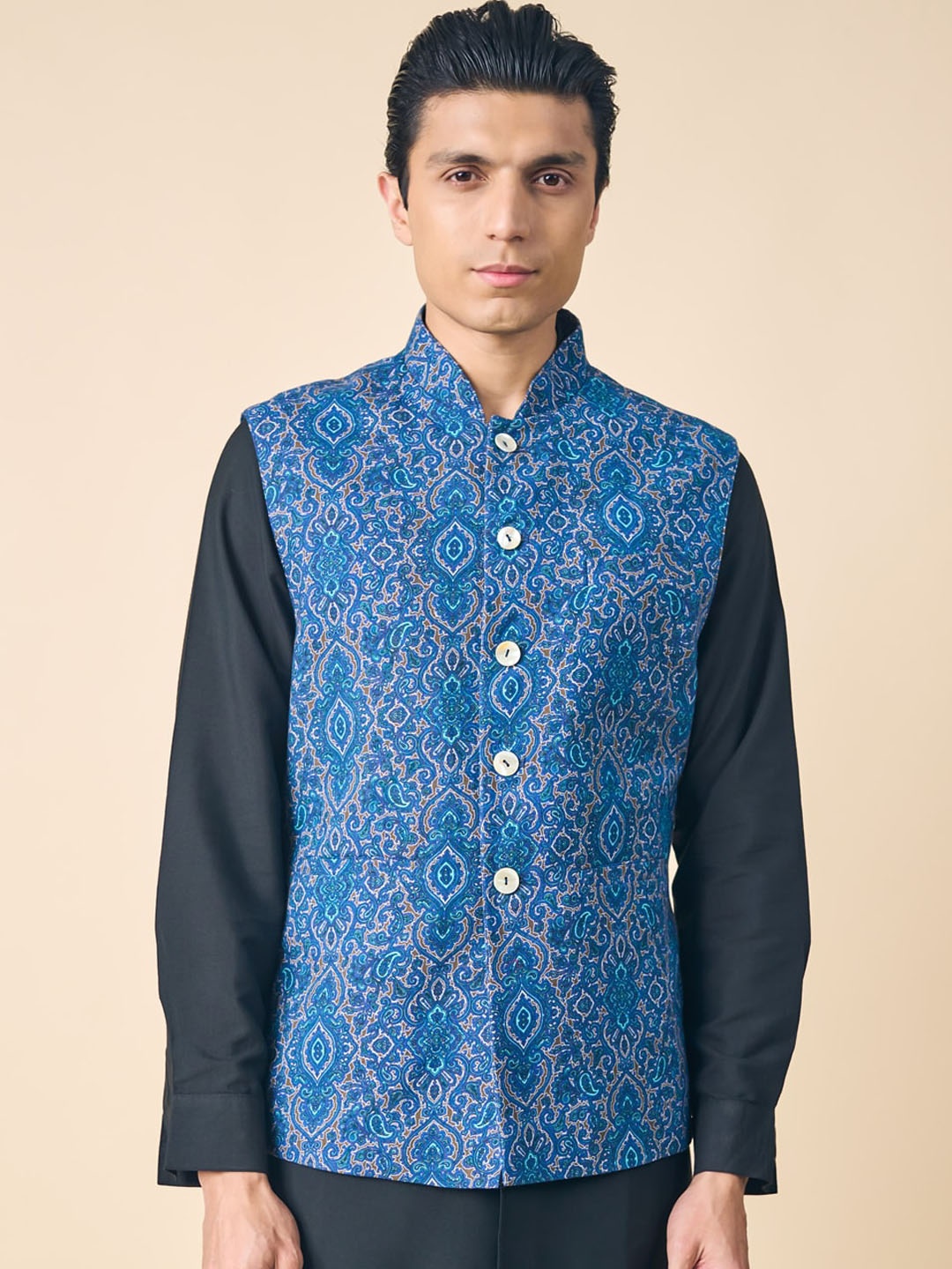 

Tasva Ethnic Motifs Printed Mandarin Collar Pure Cotton Nehru Jacket, Blue