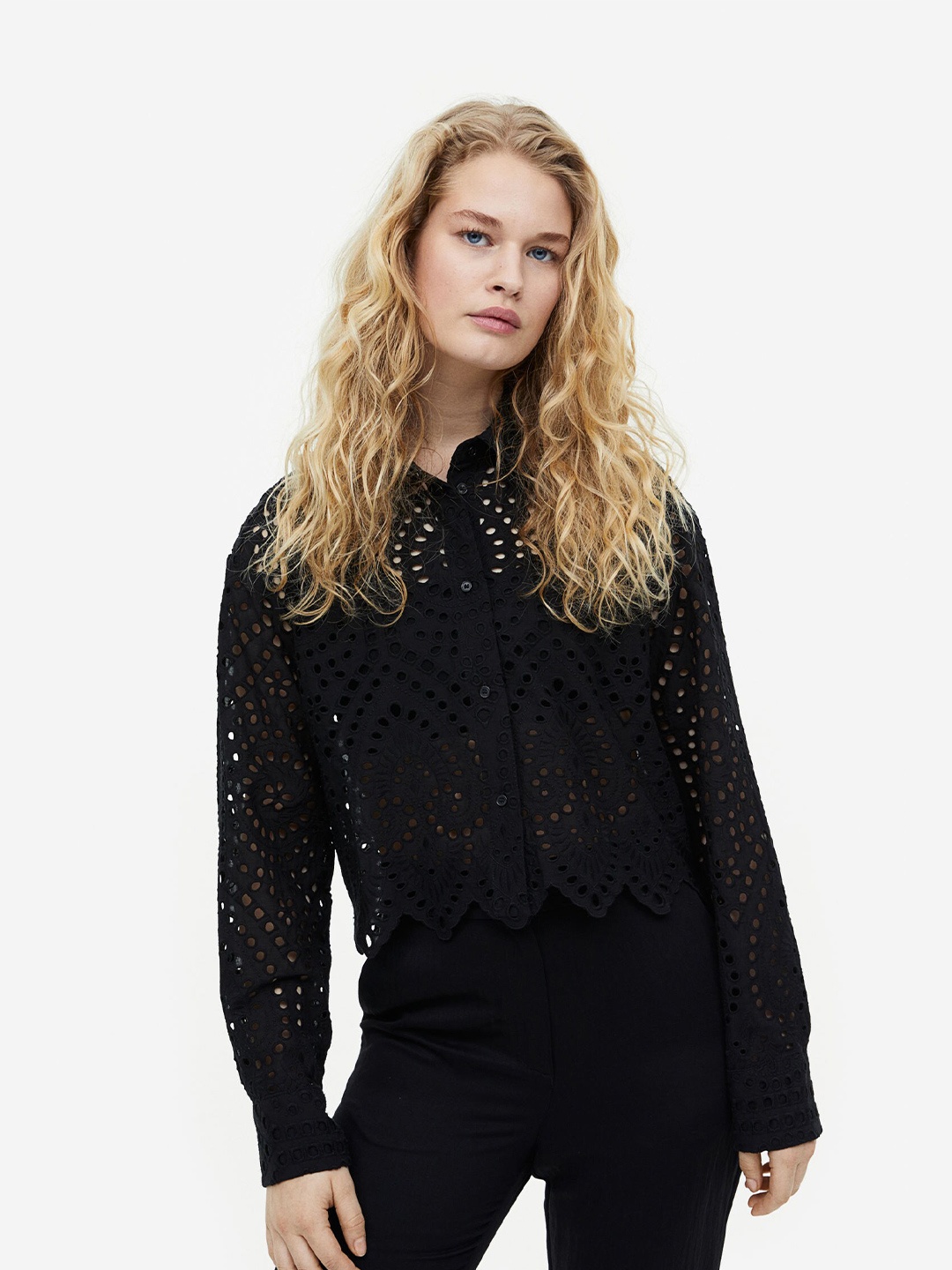 

H&M Women Broderie Anglaise Shirt, Black