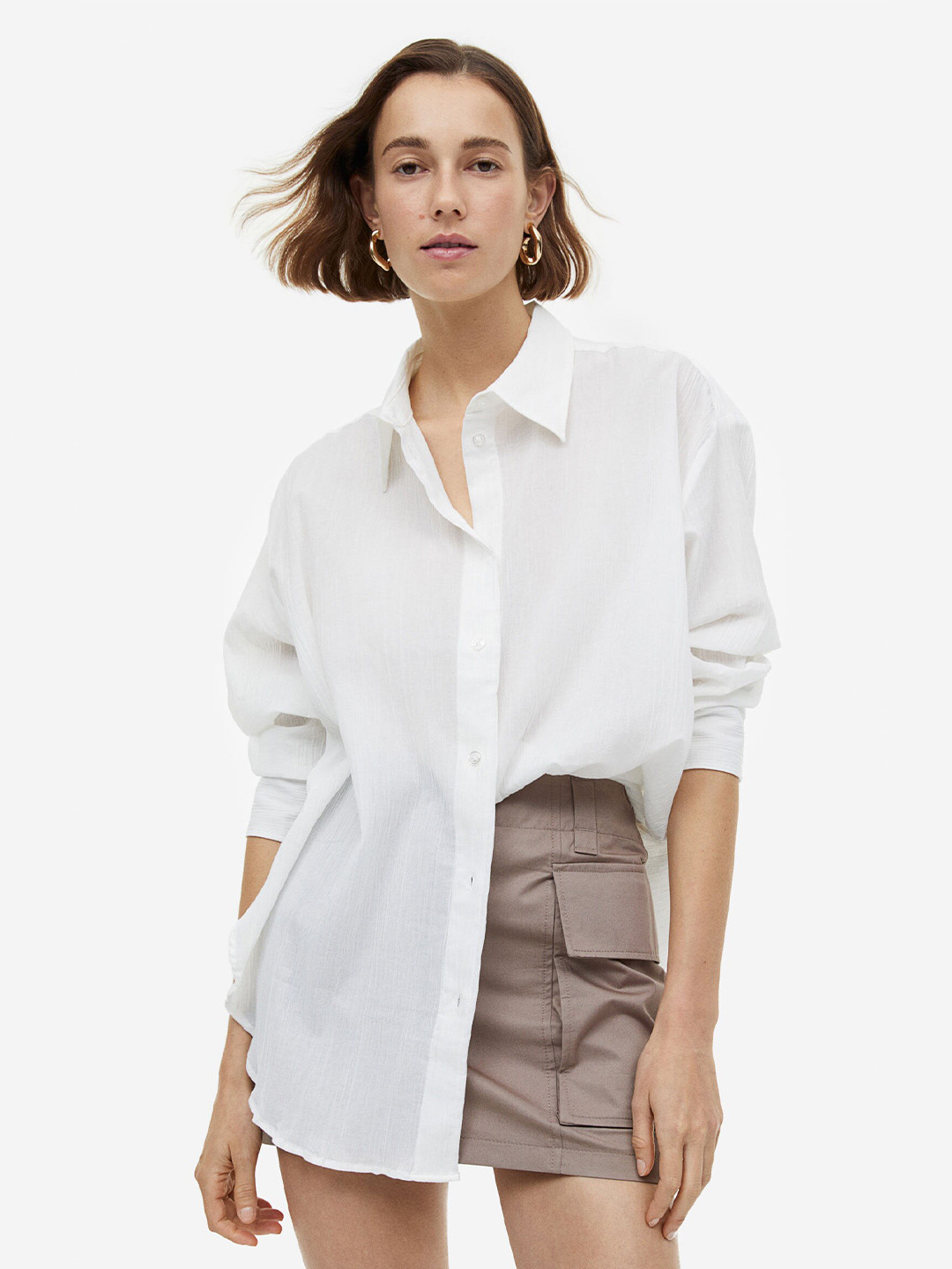 

H&M Oversized Crinkled Pure Cotton Shirt, White
