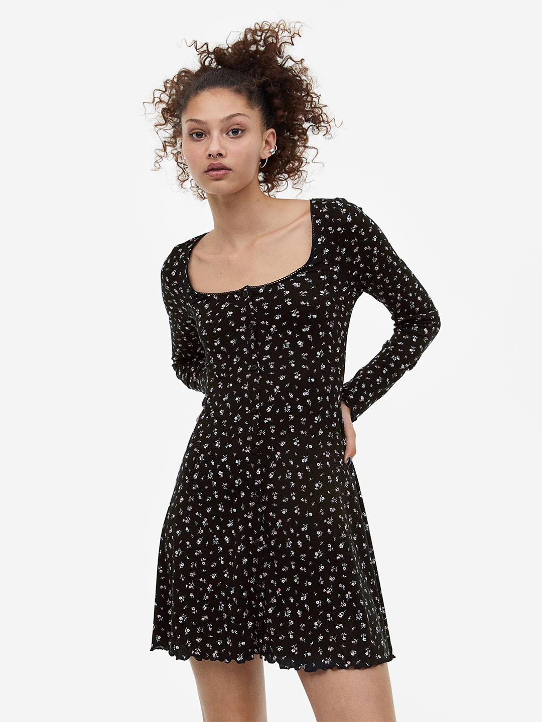 

H&M Lace-Trimmed Ribbed Dress, Black