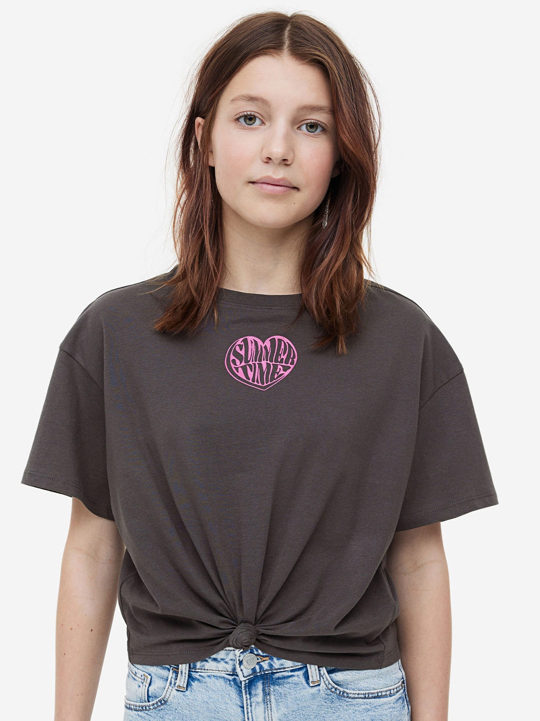 

H&M Girls Tie-Hem Pure Cotton T-shirt, Grey