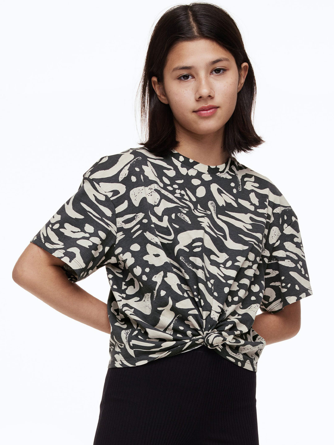 

H&M Girls Tie-Hem T-shirt, Black
