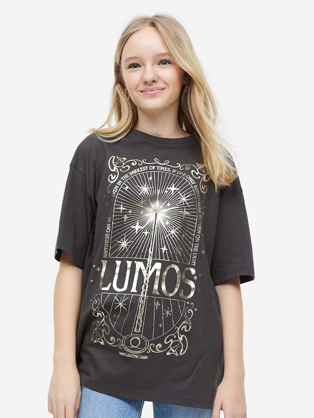 

H&M Girls Printed Pure Cotton T-shirt, Grey