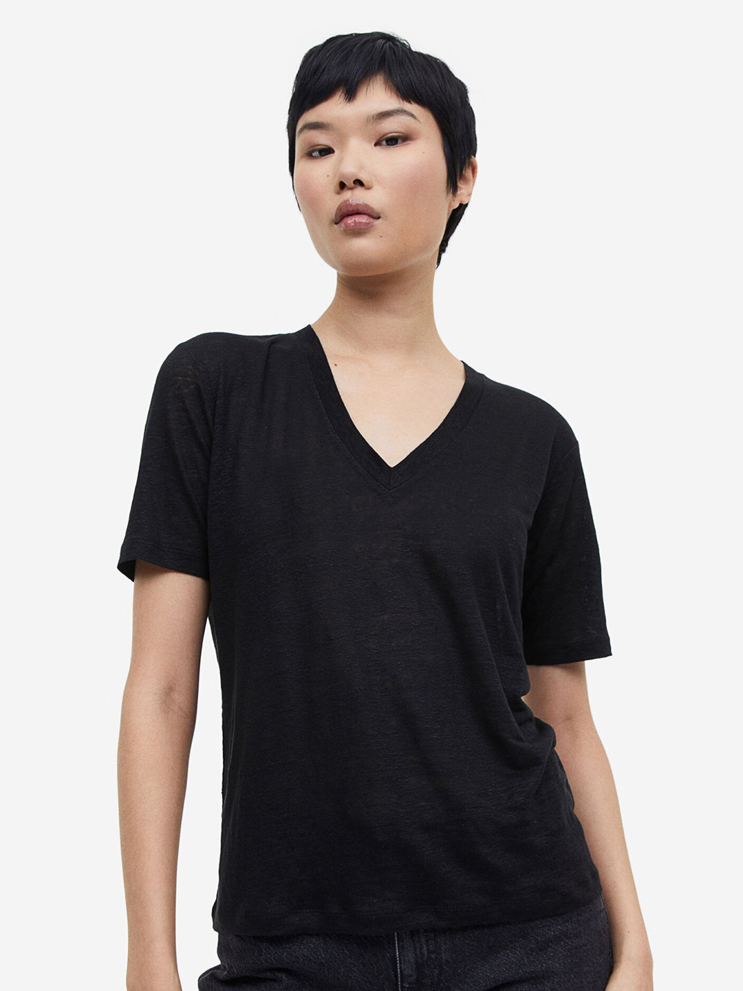 

H&M V-Neck Pure Linen-Jersey T-shirt, Black
