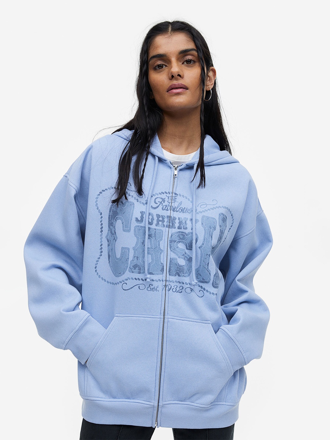 

H&M Printed Zip-Through Hoodie, Blue