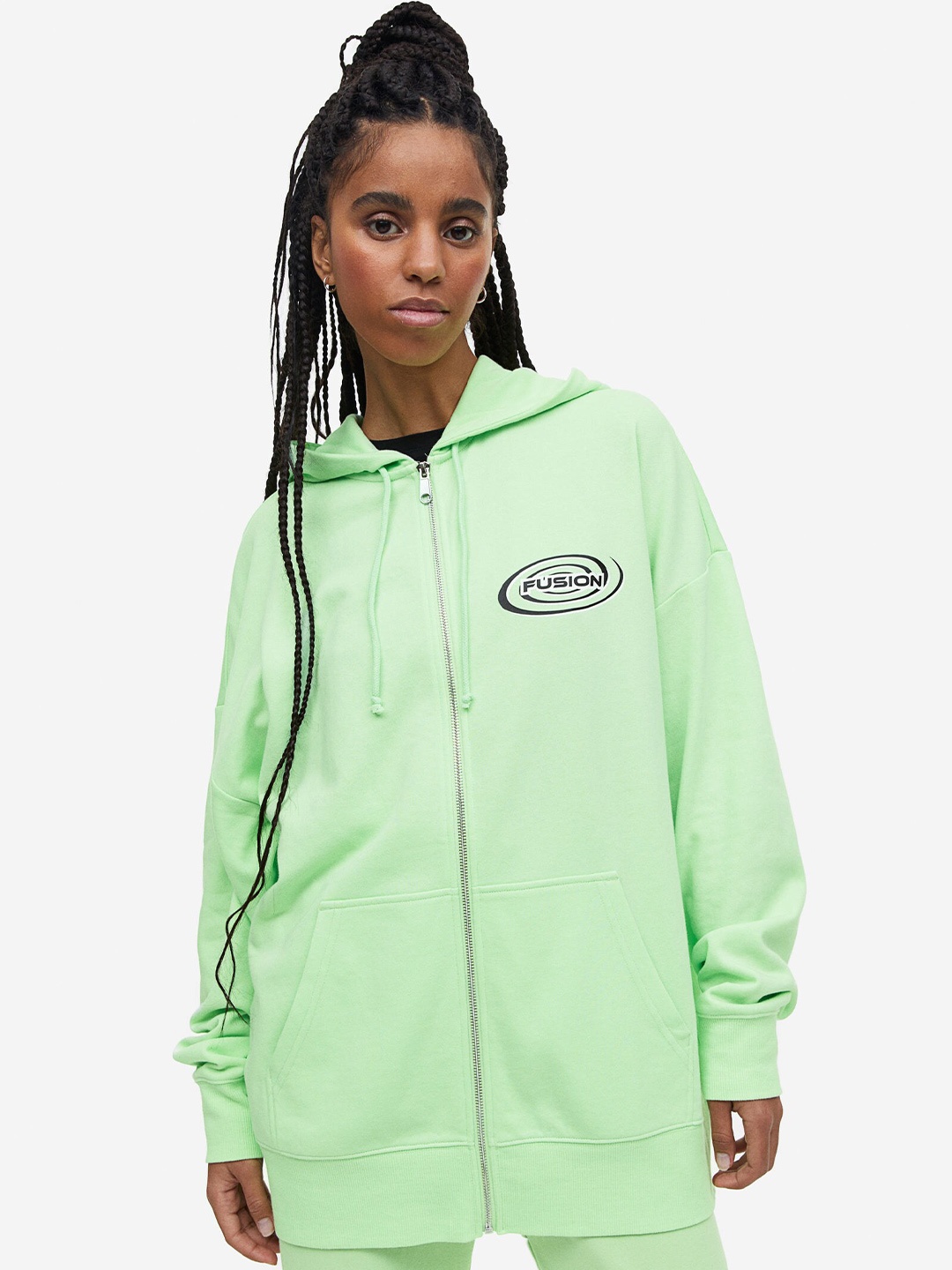 

H&M Oversized Printed Zip-Through Hoodie, Green