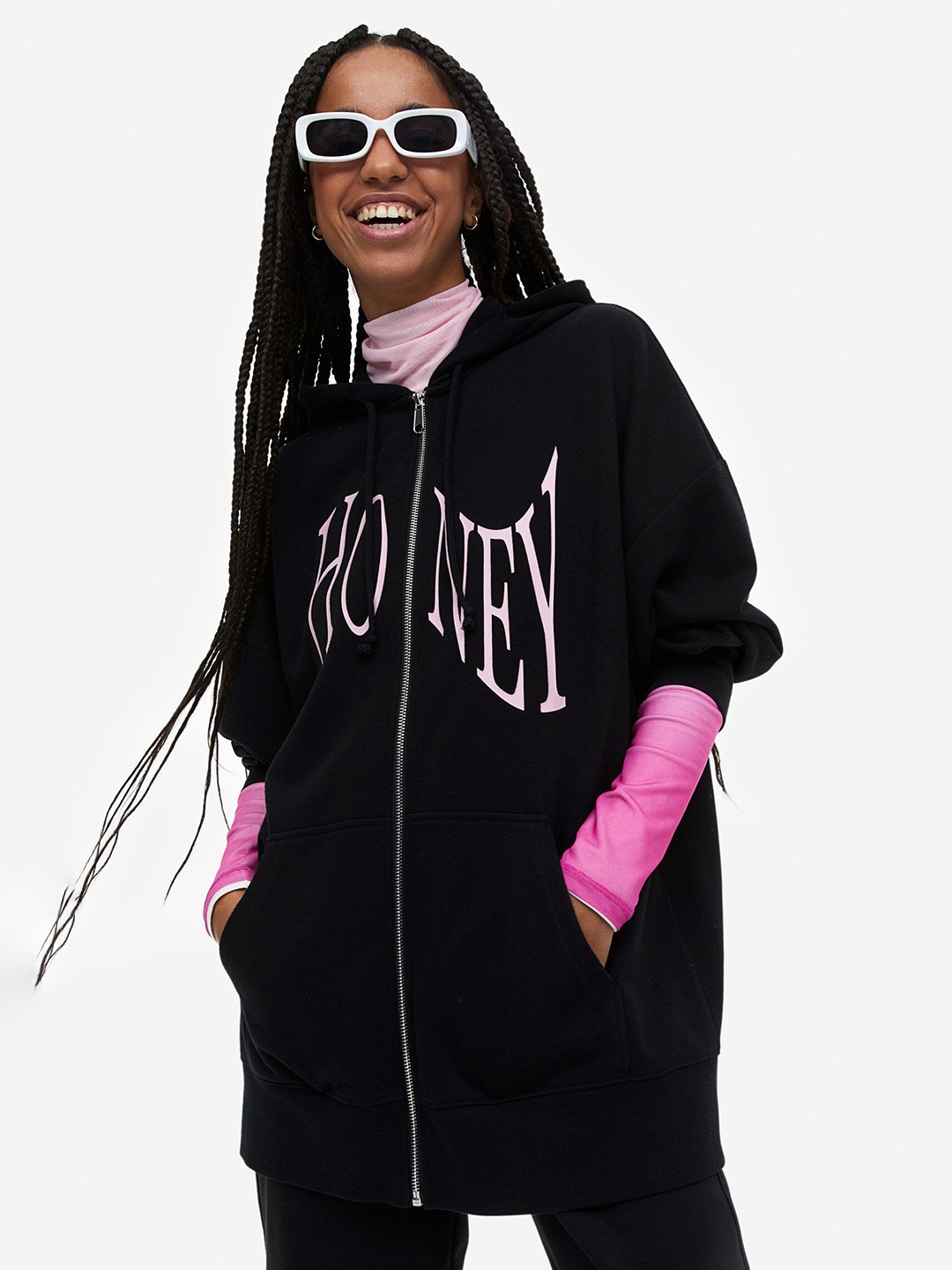 H&M Oversized Printed Zip-Through Hoodie, Black