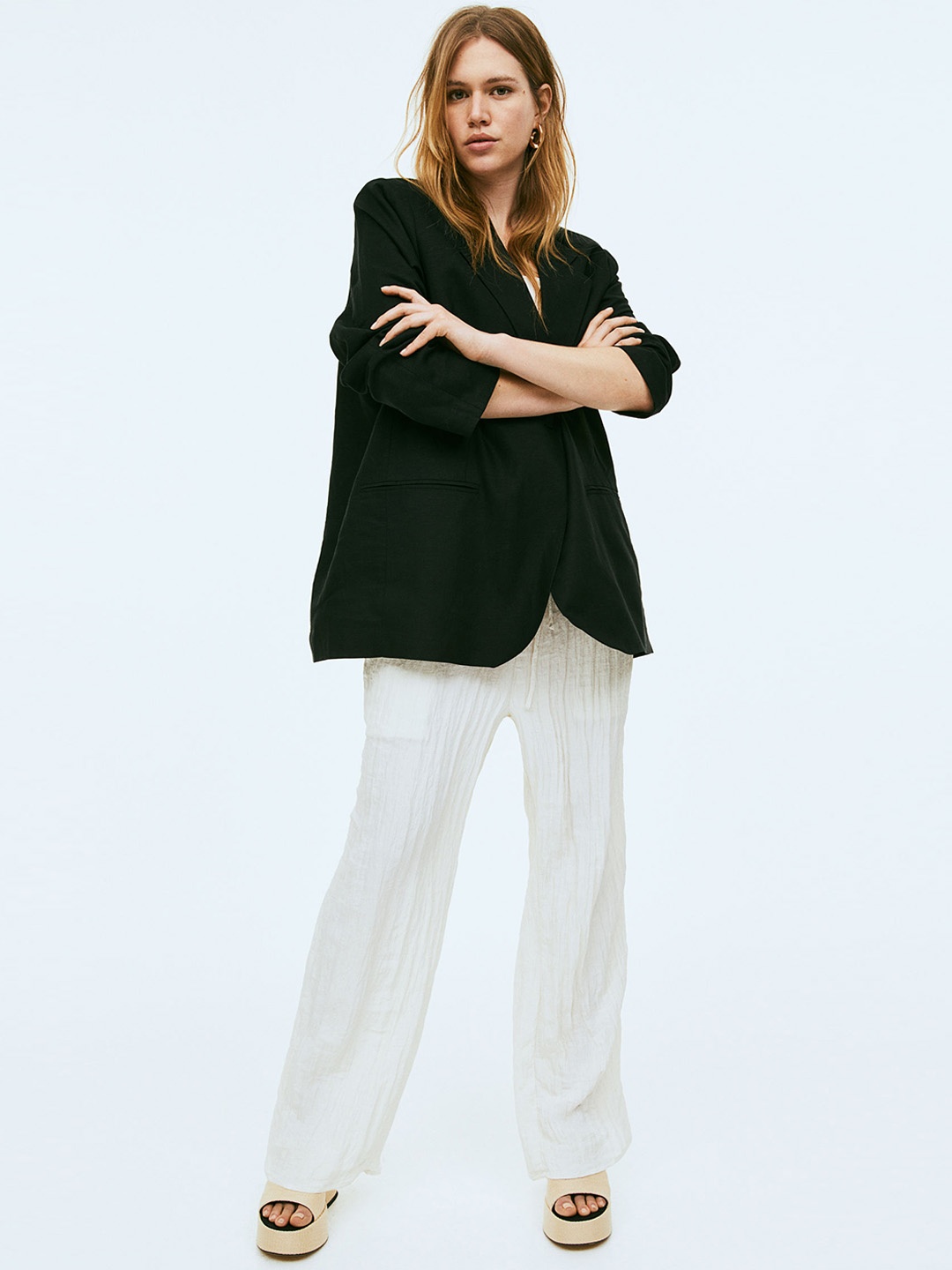 

H&M Single-Breasted Linen-Blend Blazer, Black