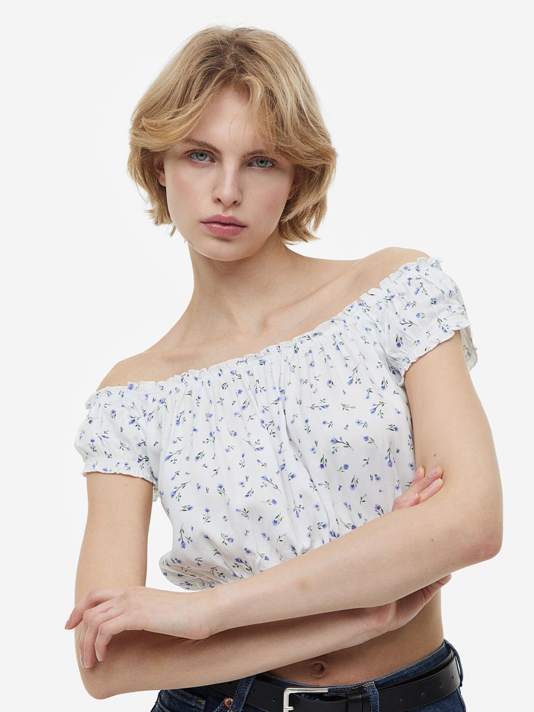 

H&M Frill-Trimmed Off-The-Shoulder Blouse, White