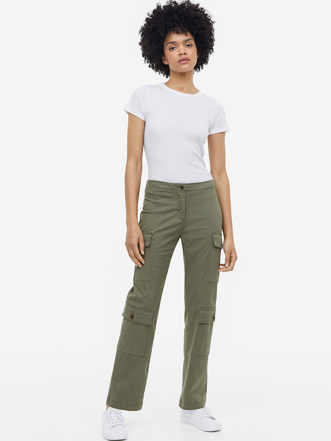 

H&M Women Cotton Twill Cargo Trousers, Olive