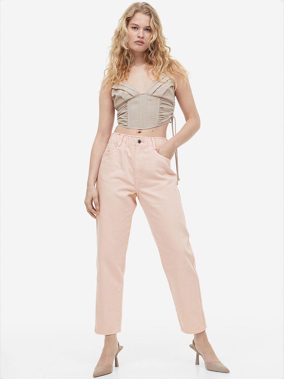 

H&M Women High Waist Pure Cotton Twill Trousers, Pink