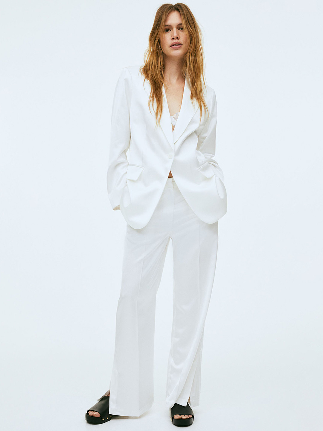 

H&M Women Slit-Hem Trousers, White